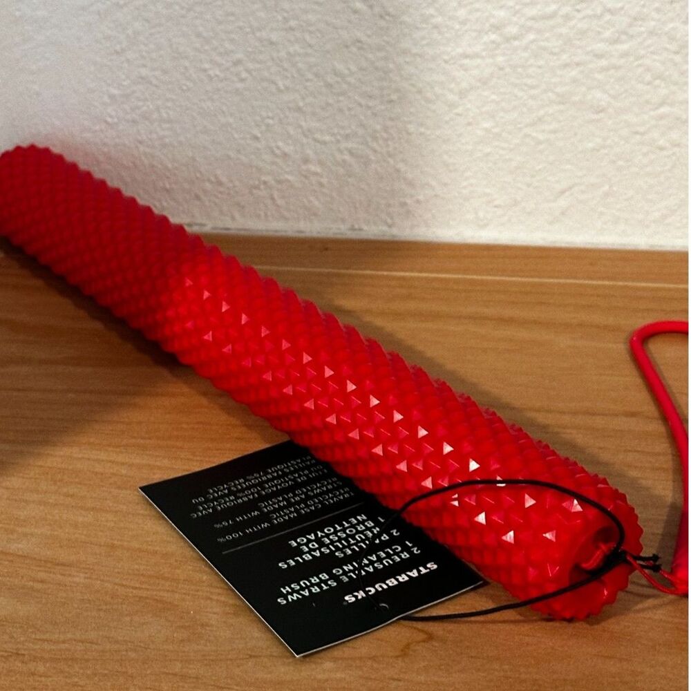 Starbucks Red Studded Travel Case for Reusable Straw and Cleaning Brush Set NWT